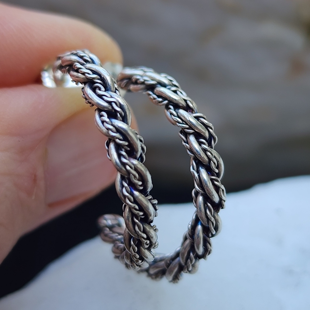 Vintage Sterling Silver Essential Braided Rope Hoop Earrings